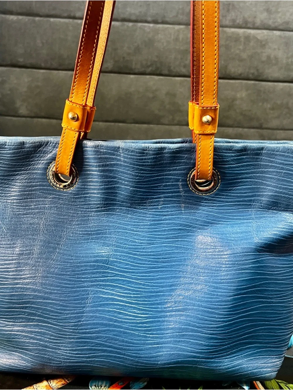 Dooney & Bourke Vachetta Leather Wave Embossed Blue Work‎ Travel School Tote Bag